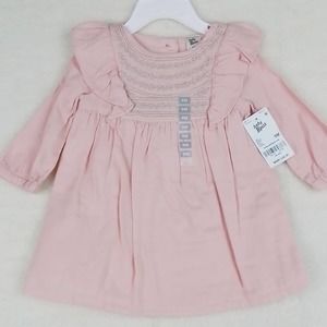 OshKosh Baby Dress 9mo‎ Cotton Pink Silver Embroidery Long Sleeve Button Ruffle
